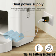 Smart Automatic Pet Feeder with WiFi Control Dual power supply system with battery icon and plug icon on a white background