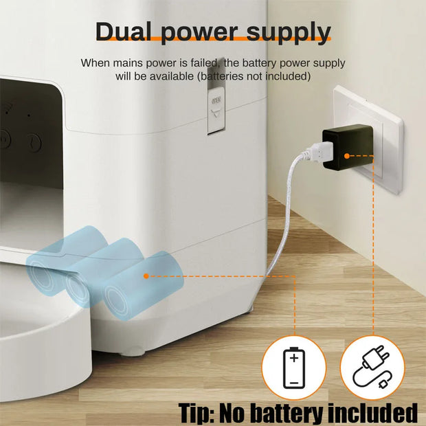 Smart Automatic Pet Feeder with WiFi Control Dual power supply system with battery icon and plug icon on a white background