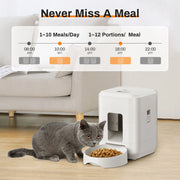 Smart Automatic Pet Feeder with WiFi Control with a cat next to it in a living room setting, displaying feeding schedule.