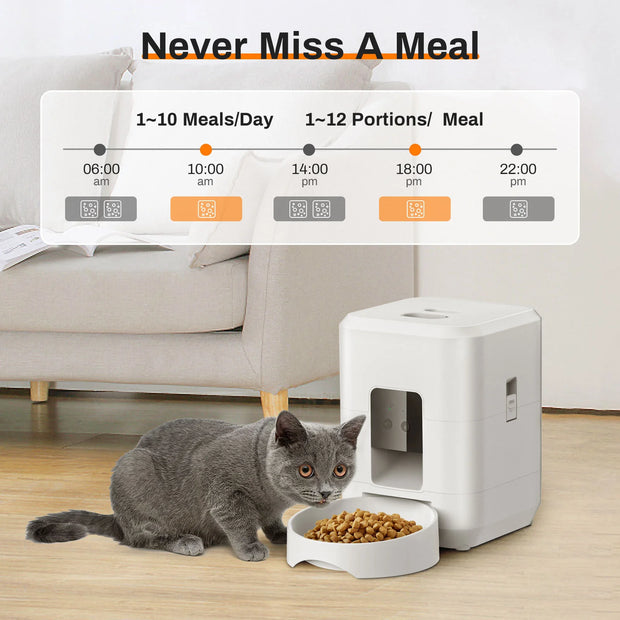 Smart Automatic Pet Feeder with WiFi Control with a cat next to it in a living room setting, displaying feeding schedule.