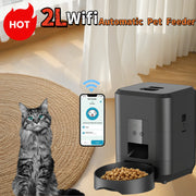 Smart Automatic Pet Feeder with WiFi Control with a smartphone app interface, next to a cat and a bowl of food on a wooden floor.
