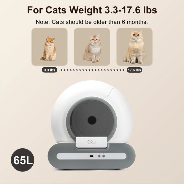 DOEL Upgraded Smart Cat Litter Box with weight range and cat images on a beige background