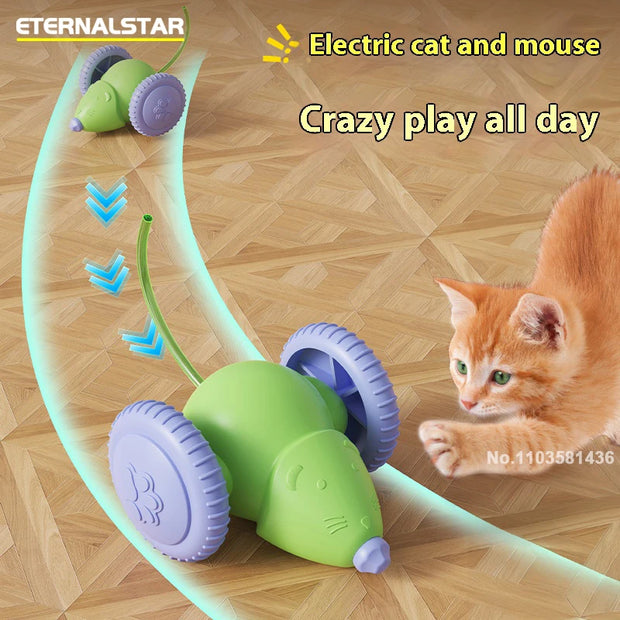 Smart Interactive Cat Toy and mouse toy with a cat playing with it on a wooden floor, branded 'Eternalstar'.