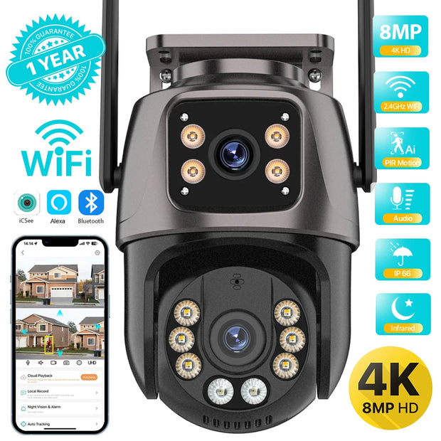 Smart Outdoor Security Camera with multiple features highlighted on a white background