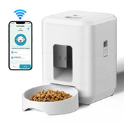 White Smart Automatic Pet Feeder with WiFi Control with bowl of food and smartphone app on a white background