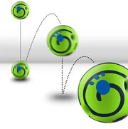 Green and blue Wobble Wag Giggle Ball Fun Dog Toy with a swirling design on a white background