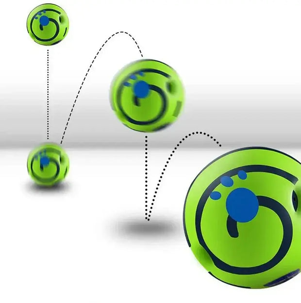 Green and blue Wobble Wag Giggle Ball Fun Dog Toy with a swirling design on a white background