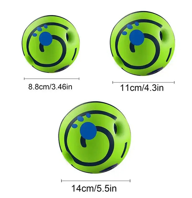 Three green and blue Wobble Wag Giggle Ball Fun Dog Toy with blue centers and measurements on a white background