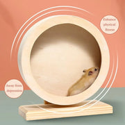 Wooden Exercise Wheel with a small hamster inside, on a gradient background.