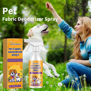 Yegibong Pet Fabric Deodorizer Spray 120ml Bottle with a packaging and a woman with a dog outdoors in the bush.