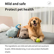 Dog lying on a bed with plush toys and a ball, surrounded by text about Yegibong Pet Fabric Deodorizer Spray 120ml health and safety.