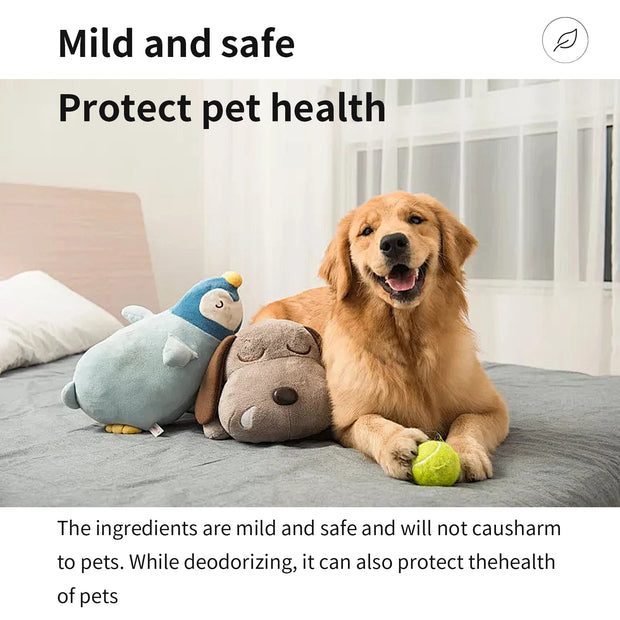 Dog lying on a bed with plush toys and a ball, surrounded by text about Yegibong Pet Fabric Deodorizer Spray 120ml health and safety.