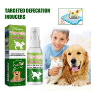 Yegibong Pet Potty Training Spray 30ml Bottle with a packaging, a boy with cat and dog, and an inset of a dog using a trainer