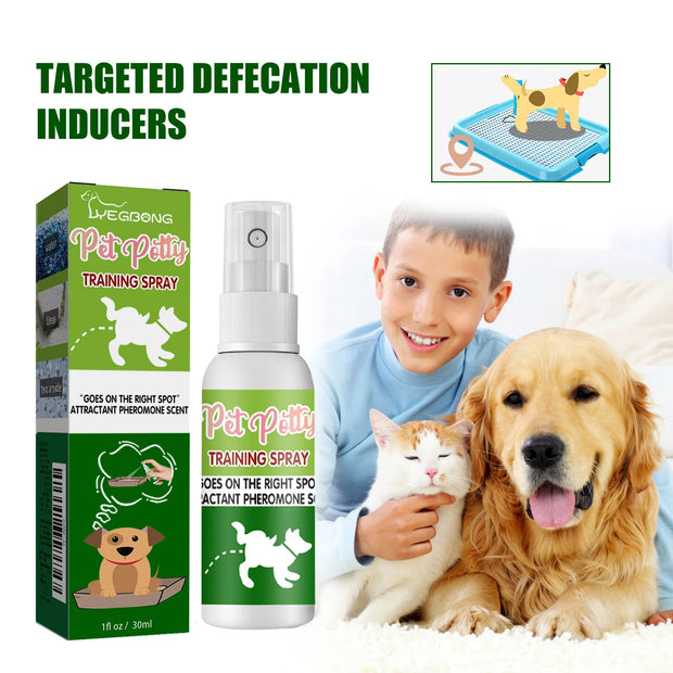 Yegibong Pet Potty Training Spray 30ml Bottle with a packaging, a boy with cat and dog, and an inset of a dog using a trainer