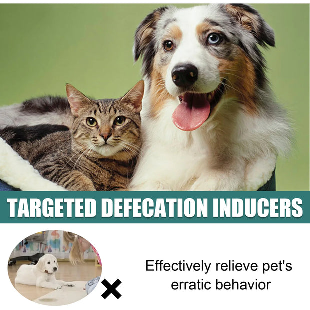 Dog and cat sitting together with text about  Yegibong Pet Potty Training Spray 30ml targeted defecation inducers.