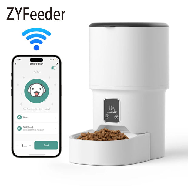 ZYFeeder Smart Automatic Pet Feeder with smartphone app on a white background