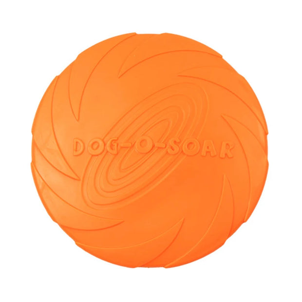 Orange Durable Dog Frisbee Toy with 'DOG-O-SOAR' branding on a white background