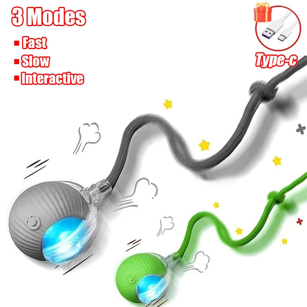 Gray and green Rechargeable pet Toy Ball with Mode and Obstacle Avoidance with USB cable and three mode options on a white background