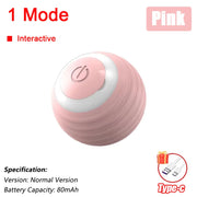 Pink Rechargeable pet Toy Ball with Mode and Obstacle Avoidance with white button on a white background, labeled 'Pink' and 'Interactive'.