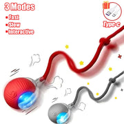 Red and gray Rechargeable pet Toy Ball with Mode and Obstacle Avoidance with USB cable and charging details on a white background