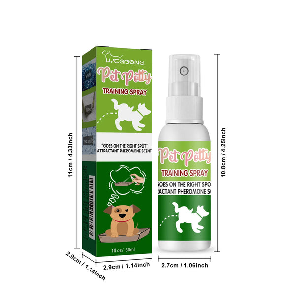Yegibong Pet Potty Training Spray 30ml with a packaging and dimensions on a white background