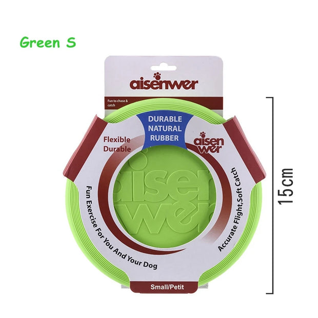 Green and white Aisenwer Durable Rubber Dog Frisbee on a white background