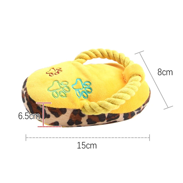 Yellow Plush Slipper Dog Toy with measurements on a white background