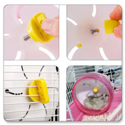 Collage of a small yellow Hamster Exercise Wheel being used in a pet cage.