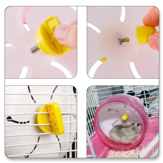 Collage of a small yellow Hamster Exercise Wheel being used in a pet cage.