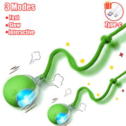 Two Green Rechargeable pet Toy Ball with Mode and Obstacle Avoidance with USB cable and three mode options on a white background