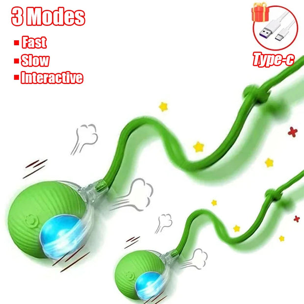 Two Green Rechargeable pet Toy Ball with Mode and Obstacle Avoidance with USB cable and three mode options on a white background