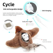 Plush Bird Cat Toy with electronic components and charging features on a white background