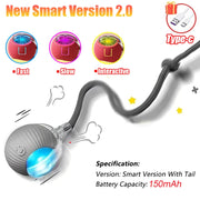 Smart Rechargeable pet Toy Ball with Mode and Obstacle Avoidance with USB cable and specifications on a white background