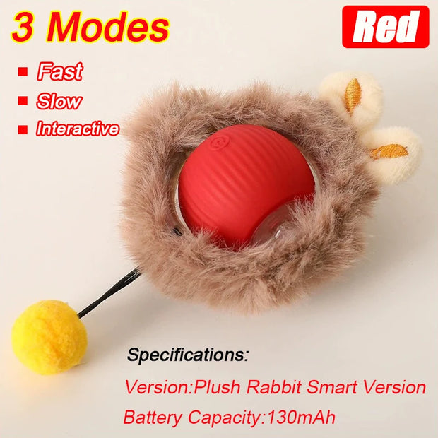 Red Rechargeable pet Toy Ball with Mode and Obstacle Avoidance with plush rabbit design on a white background