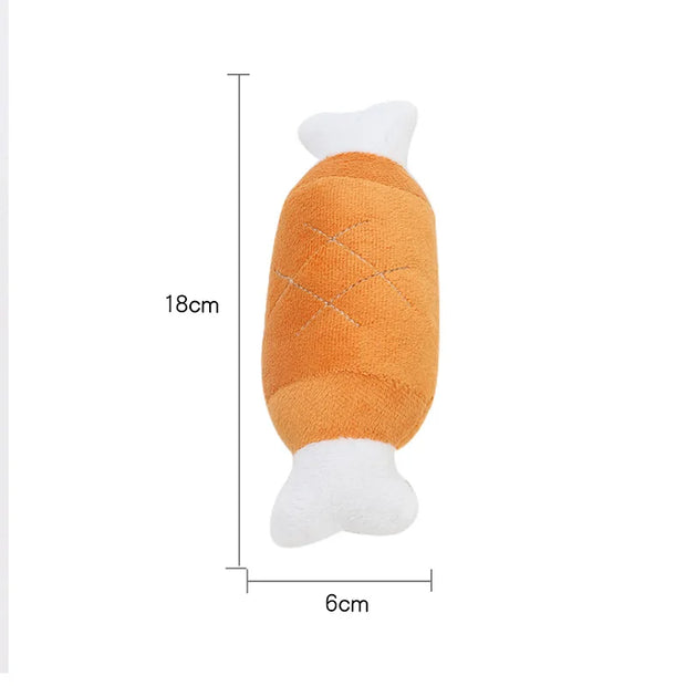 Plush Slipper Dog Toy resembling a sausage with dimensions labeled on a white background