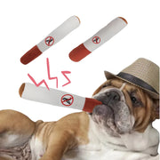 Dog wearing a hat with smoking cessation-themed Cigar Dog Toy above it