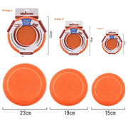 Orange Aisenwer Durable Rubber Dog Frisbee and measurements on a white background