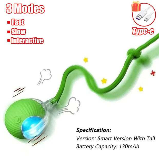 Green Rechargeable pet Toy Ball with Mode and Obstacle Avoidance with USB cable and specifications on a white background